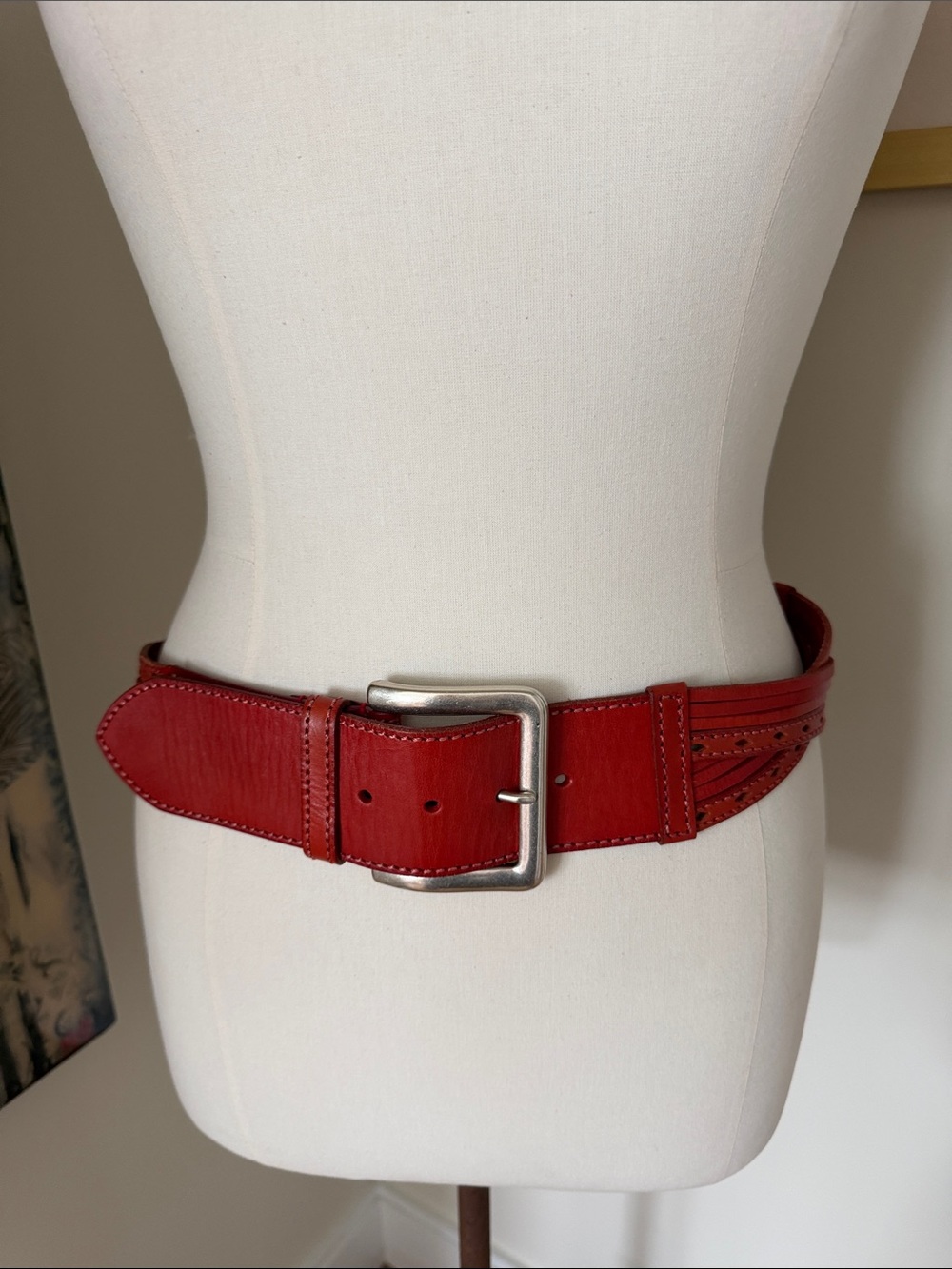 Linea Pelle Red Leather Woven Waist Belt with Silver Buckle